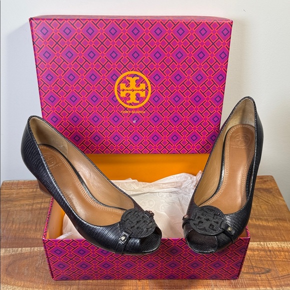 Tory Burch Shoes - Tory Burch Black Peep-Toe Wedges, Women’s 8.5